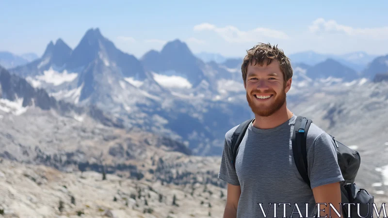 Smiling hiker standing before rugged mountain landscape.