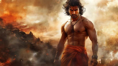 Warrior stands amid blazing storm-torn mythic landscape.