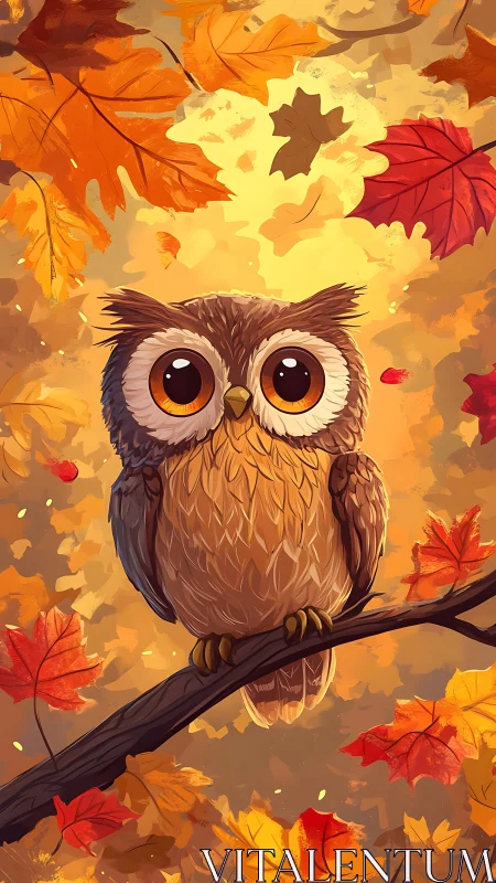 Cartoon owl with large eyes sits on branch amid autumn leaves