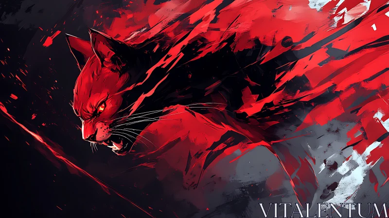 Red phantom panther erupts through abstract shadows.