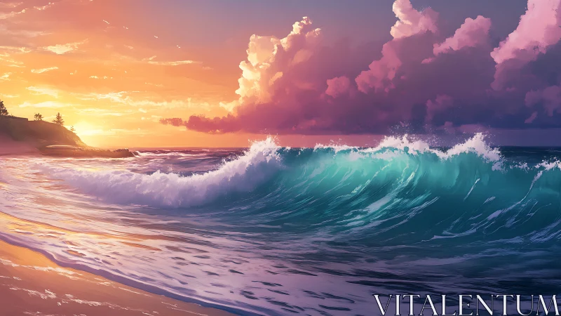 Sunset-lit turquoise breaker along reflective sandy shoreline