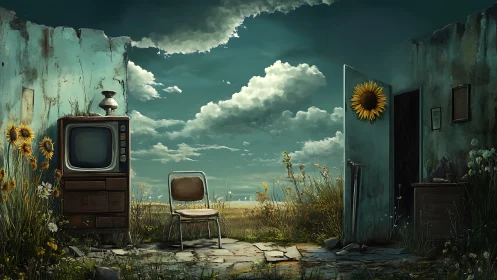 Surreal abandoned room opening onto sunflower meadowscape.