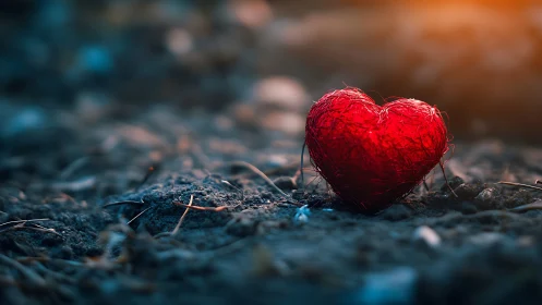 Red heart resting on weathered soil with dramatic cinematic lighting.