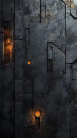 Dark industrial wall with recessed orange illuminated details.