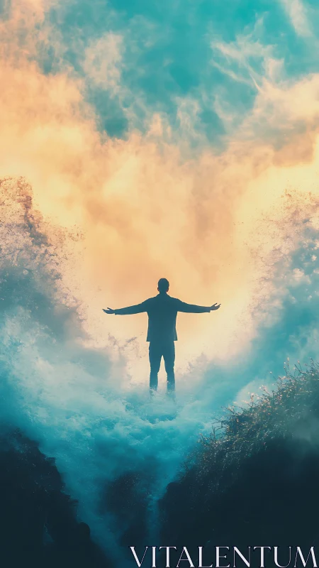 Soaring human silhouette welcomes a radiant, crashing seascape