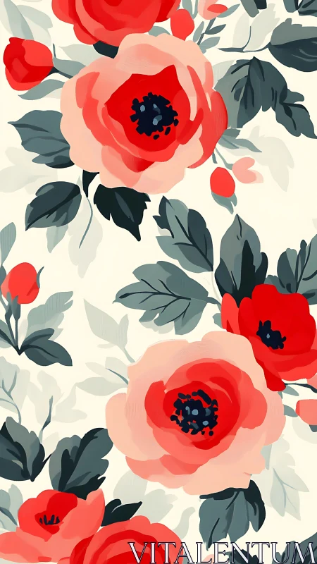 Floral Pattern with Red Poppies and Gray Foliage