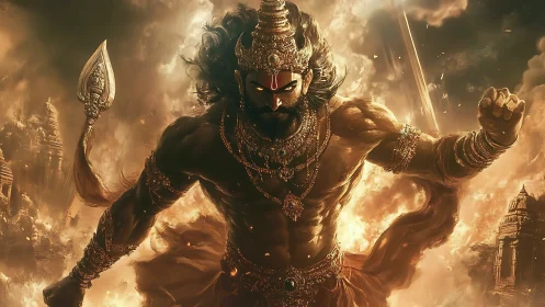 Mythic warrior strides through burning skyscape with force.