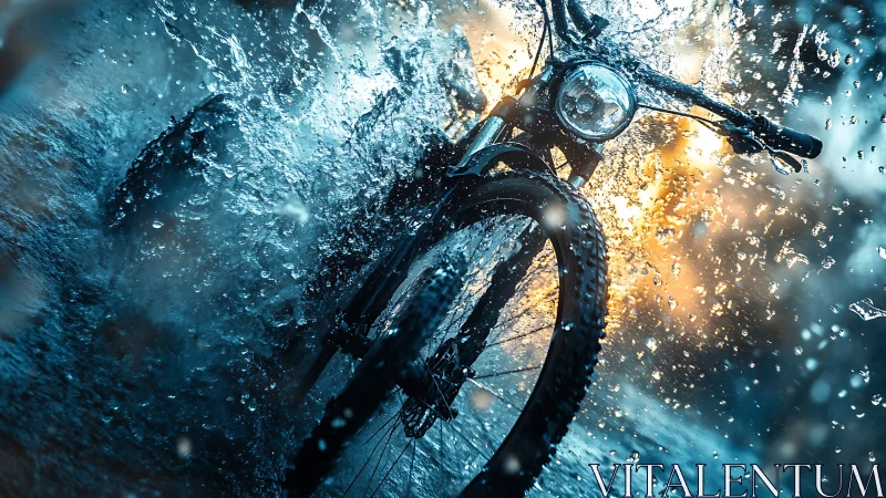 Motorcycle front wheel cuts through dynamic splash with high-speed lighting