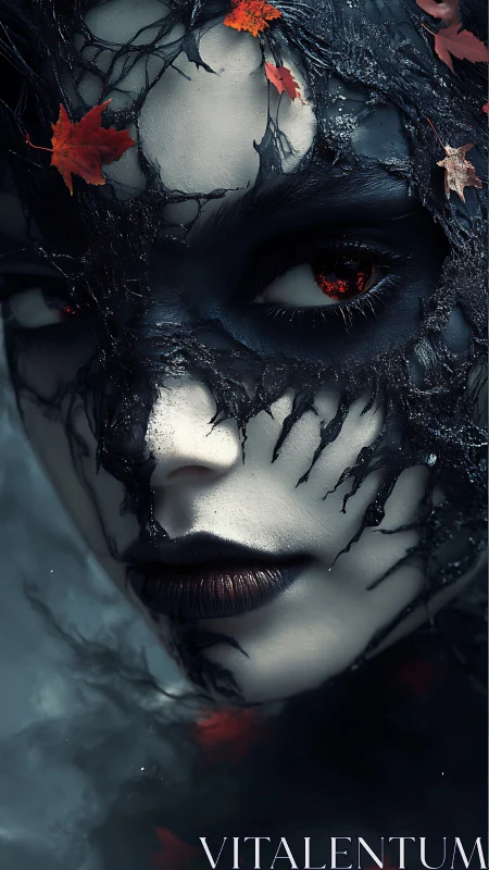 Female face with dark organic mask and autumn leaves.