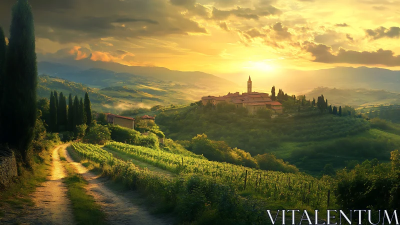 Sunlit hillside village leans into a glowing Tuscan horizon