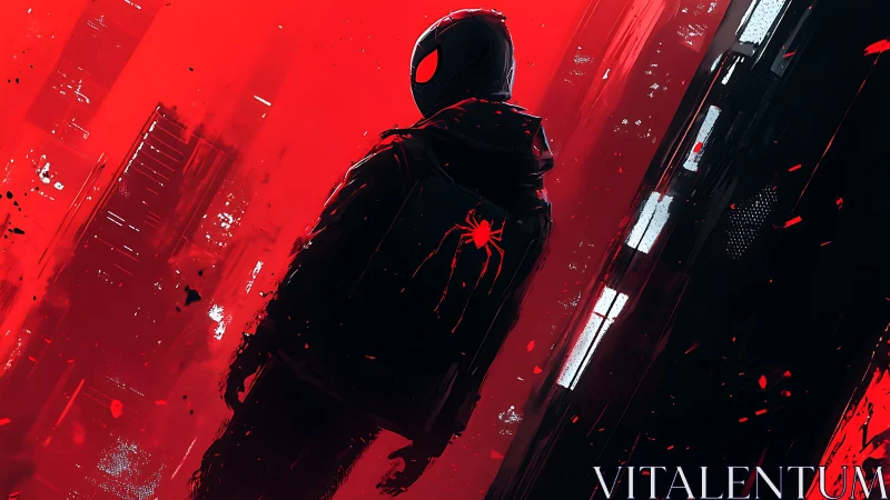 Hooded spider-suited figure in red and black urban scene.
