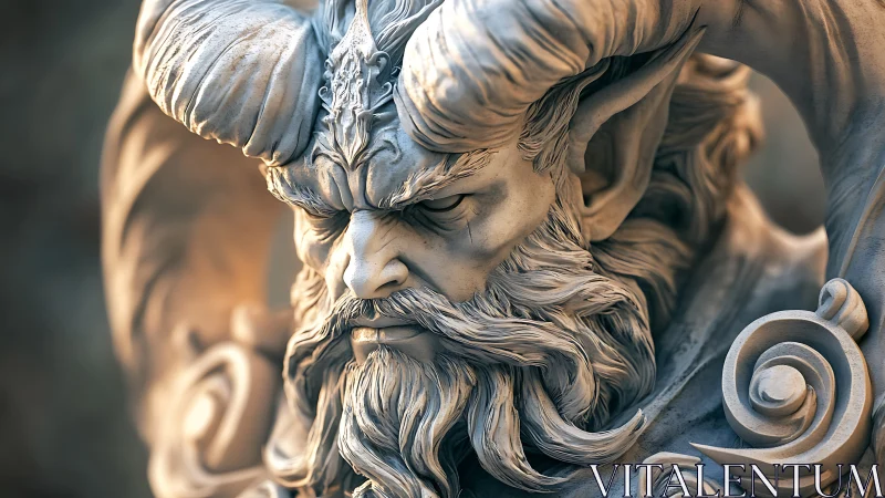 Horned stone warlord bust with intricate baroque carvings.