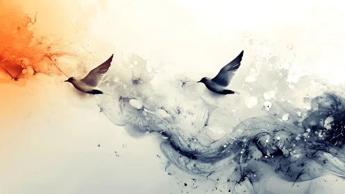 Digital seagulls over abstract orange and blue waves.