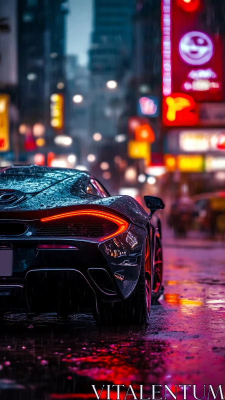 Rear wet supercar displays neon-lit reflections on rainy street