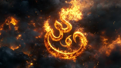 Flaming Arabic calligraphy blazes against stormy smoke.