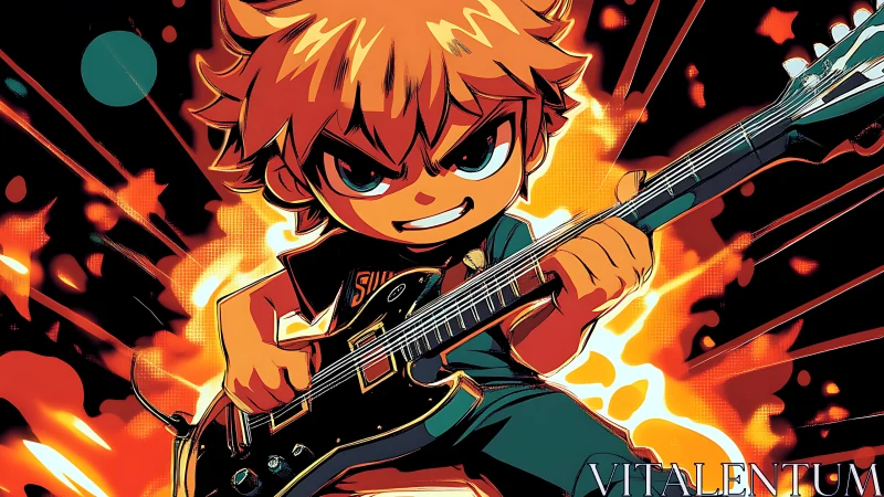 Chibi rock guitarist soloing with bold fiery energy.