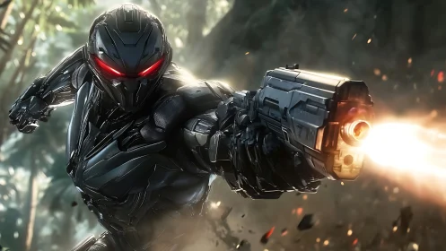 Armored cyborg fires heavy weapon in dense jungle assault