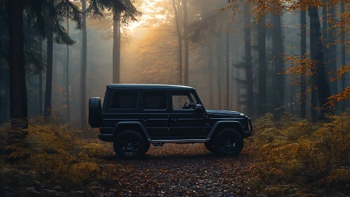 Midnight off‑roader paused in misty autumn forest hush.