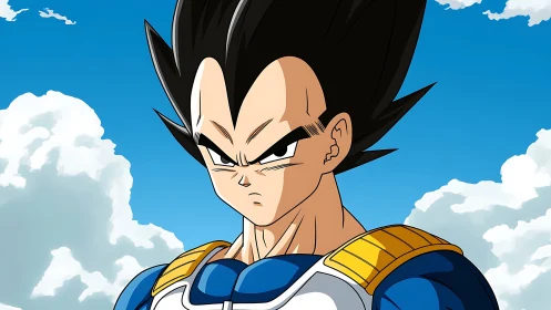 Serious anime warrior in blue and gold armor portrait.