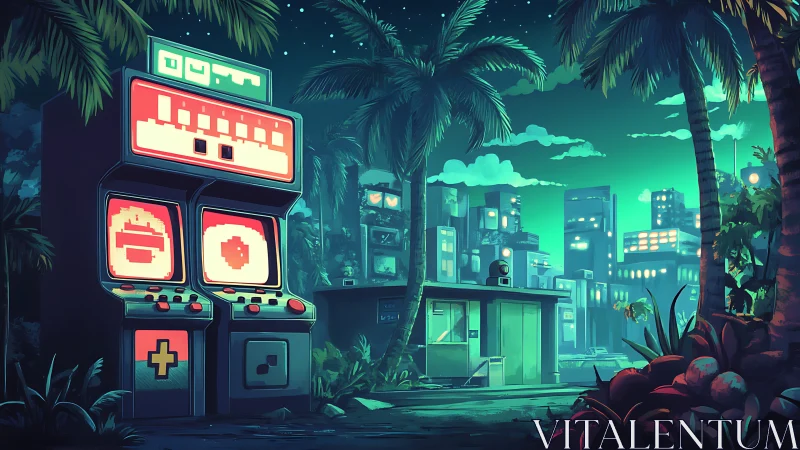 Retro arcade machines glow in a neon tropical city night.