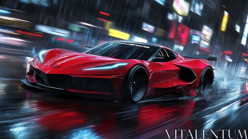 Crimson hypercar slicing through neon city rainstorm streets.