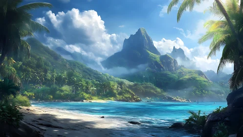 Tropical island valley with volcanic peaks and clear waters