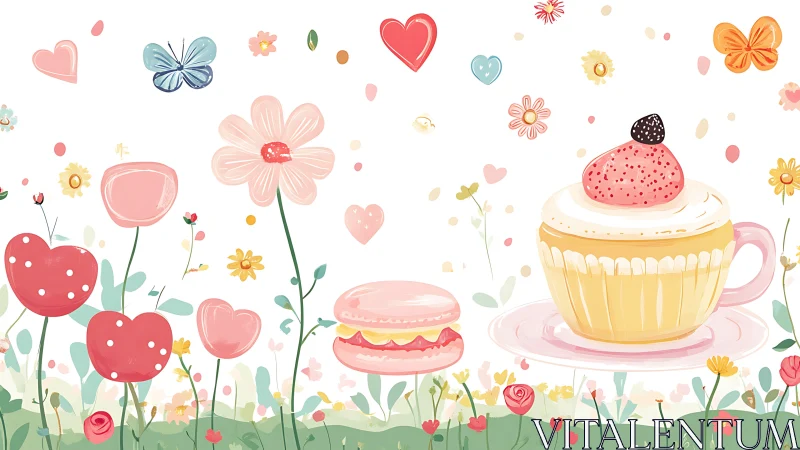 Whimsical Garden Scene: Cupcake Teacup Surrounded by Floral Elements.