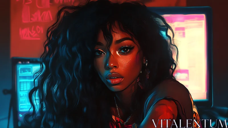 Woman with long curly hair sits before glowing computer monitors