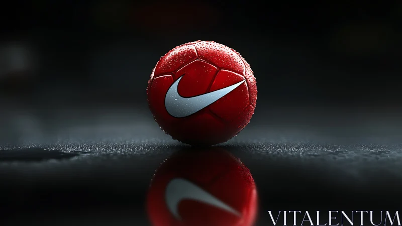 Bold red football resting in glistening twilight calm.