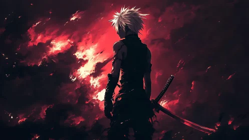 White haired swordsman silhouette against red clouded sky.