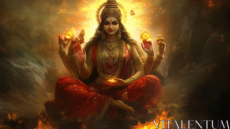 Four-armed goddess figure sits in glowing fiery environment