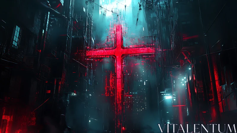 Neon red cross dominates narrow cyberpunk alleyway scene