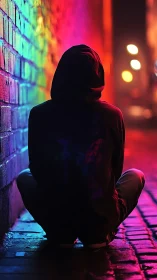 Hooded figure in neon alleyway against colorful brick wall.