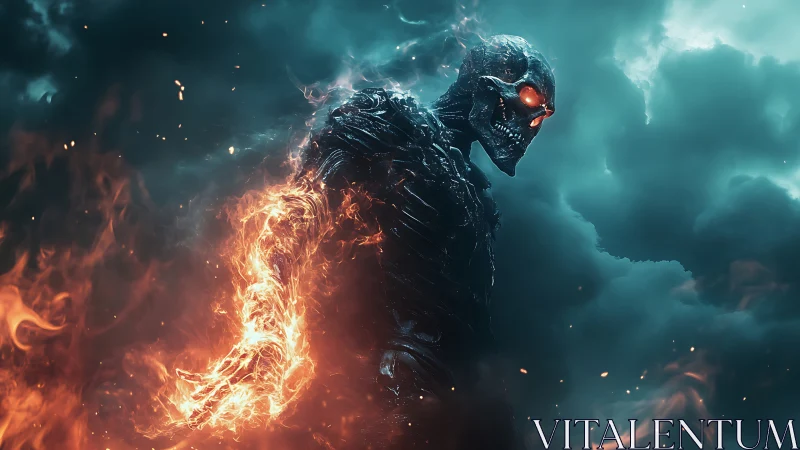 Flaming skeletal humanoid stands in dense turquoise storm clouds