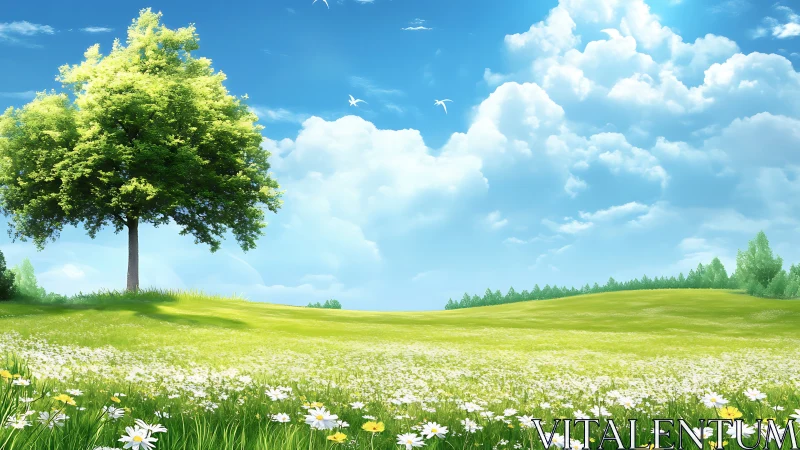 Sunlit meadow landscape renders solitary tree with floral foreground