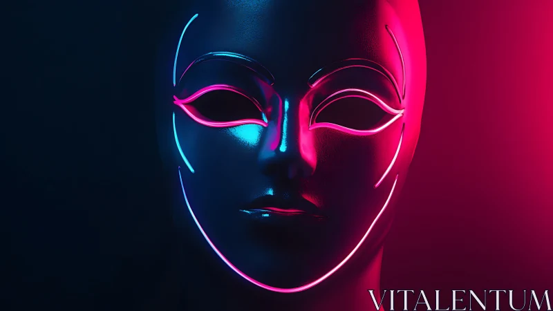 Neon cyber mask portrait in electric blue and magenta glow.