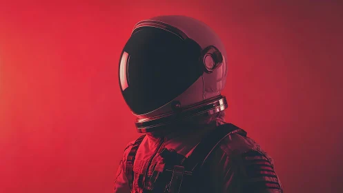 Crimson nebula light quietly crowns this solitary astronaut