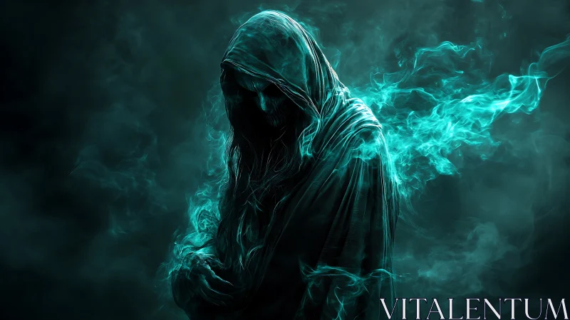 Hooded spectral figure surrounded by teal ethereal smoke forms.
