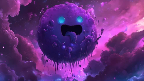Purple gelatinous floating sphere with stylized face in nebula.