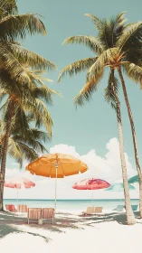Palm trees and striped loungers under colored beach umbrellas.