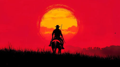 Lone cowboy rides homeward beneath a blazing red sunset sky