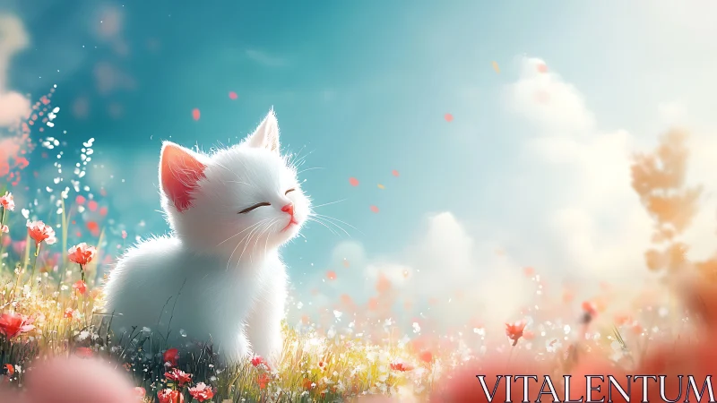 Celestial Kitten Dreams Among Coral Blossoms in Endless Sky.