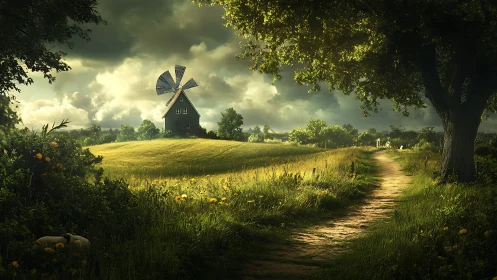 Windmill overlooks sunlit rural meadow under storm clouds