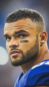 Portrait shows football player in uniform looking sideways