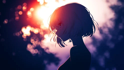 Softly glowing sunset silhouette of a thoughtful girl.