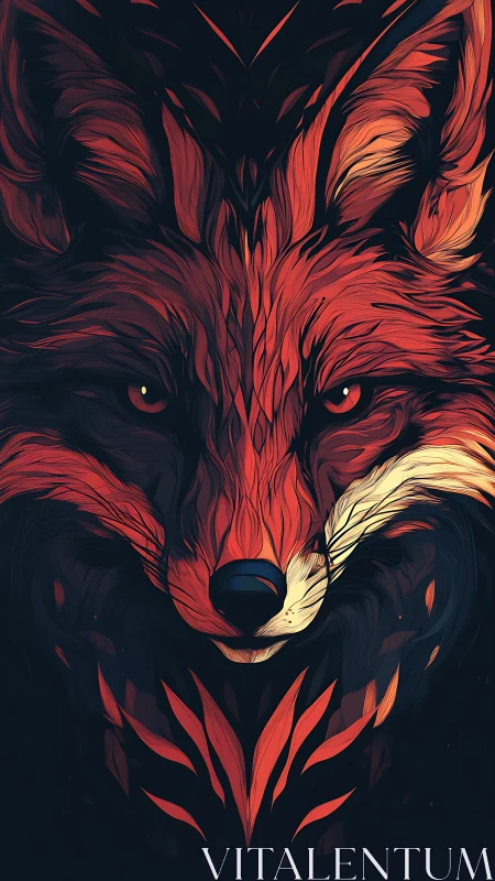 Fiery fox portrait glows in dark, abstract digital style