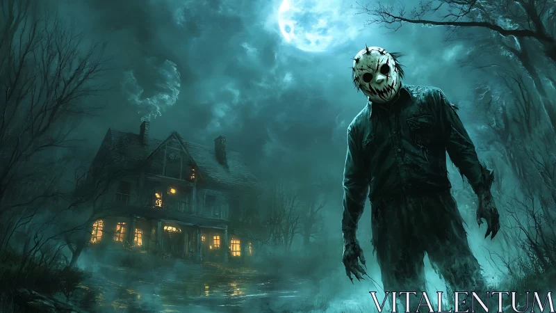 Digital painting slasher under moonlit sky before haunted house.