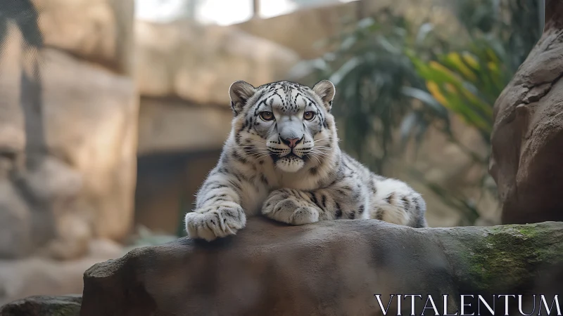 Snow leopard resting on rock in naturalistic zoo habitat.