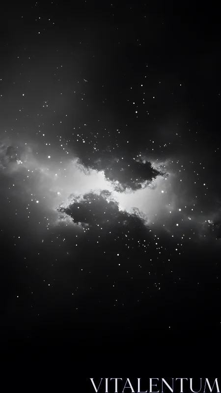 Starlit nebula clouds drift through a monochrome cosmic hush.