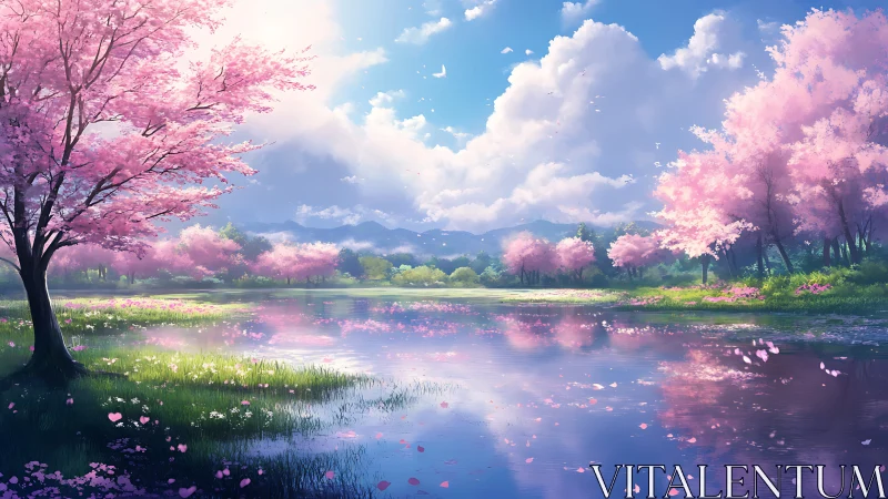 Luminous cherry blossom watershed under volumetric spring sky.